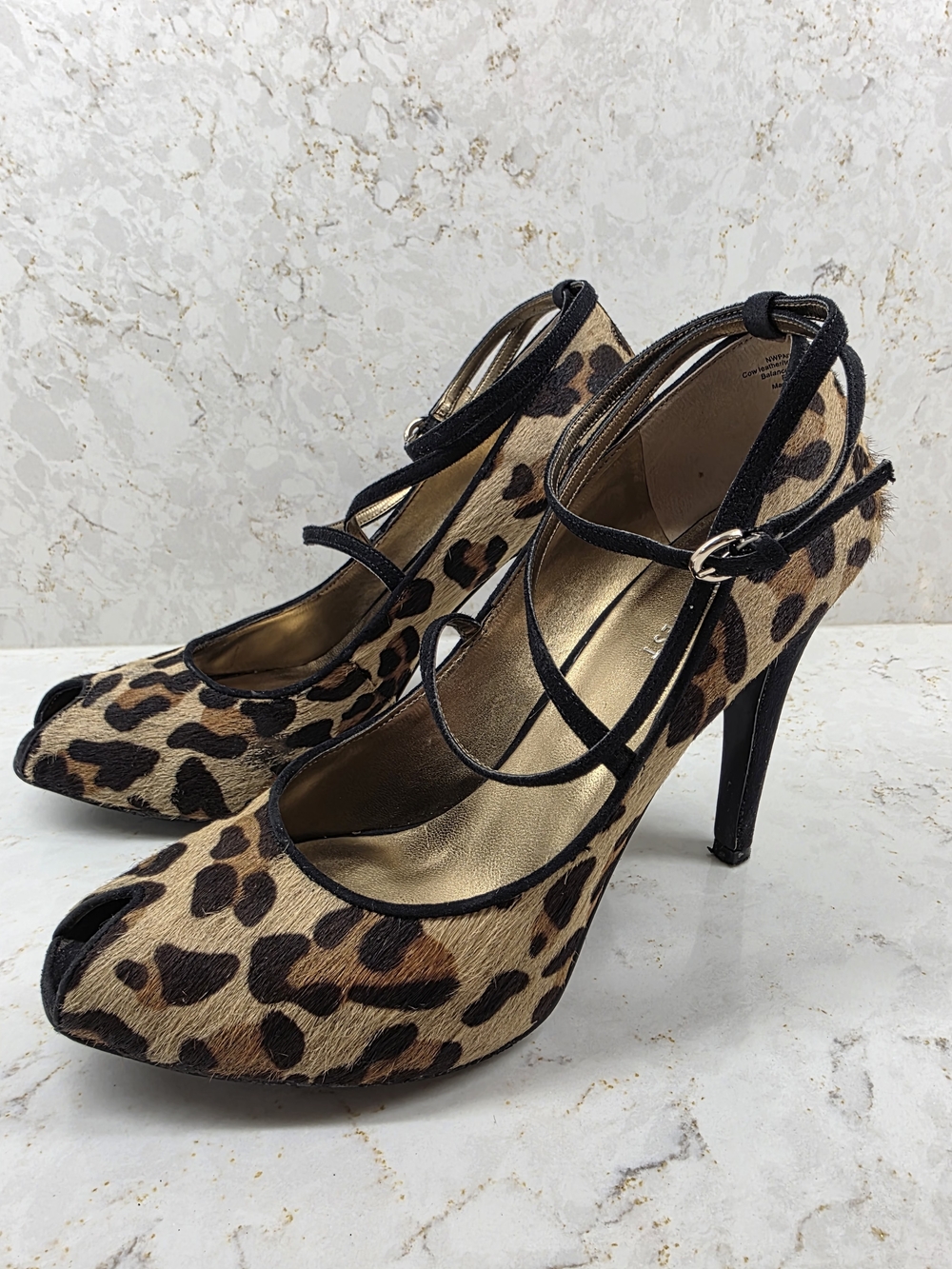 Nine West Leopard Print Peep-Toe Strappy High Heels